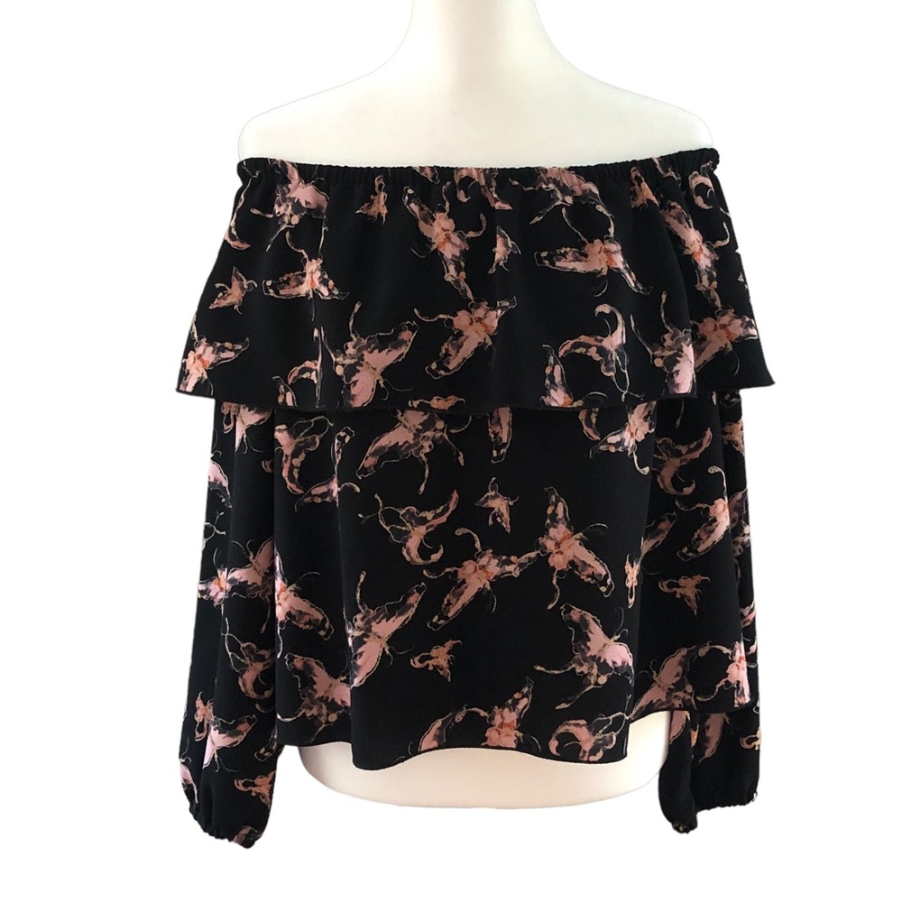 ARITZIA WILFRED Morel Butterfly Off-The-Shoulder Shirt Black w/ Pink Size Small